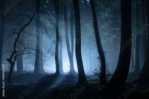 Mysterious eerie forest scene with fog and blue light on halloween night illustration