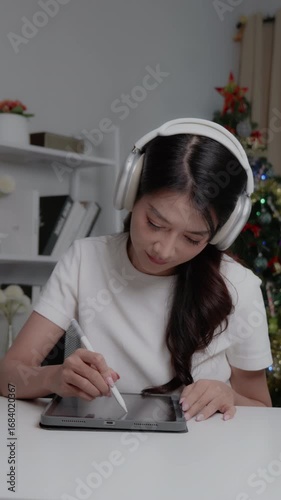 woman in casual clothes is writing something on a tablet while sitting on a sofa in a living room.