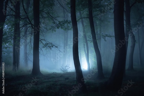 Mysterious glowing light illuminates a dark spooky forest on halloween night with eerie shadows. illustration