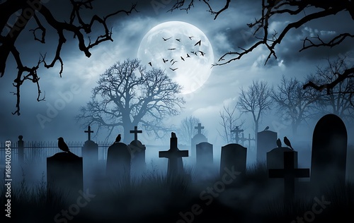 Spooky halloween graveyard scene with a full moon and eerie bare trees creating a haunting atmosphere illustration