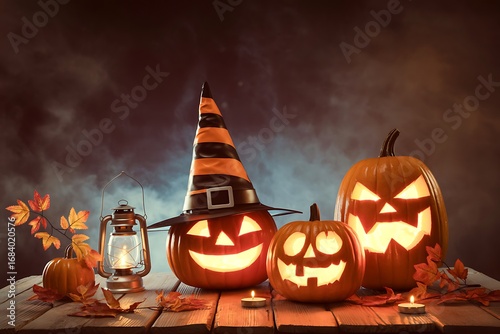 Spooky jack o lanterns and witch hat create a magical halloween night scene with glowing candlelight illustration