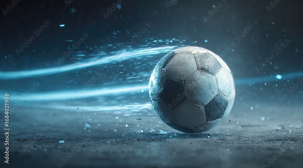 Fototapeta premium Soccer ball in motion, dark background, blue streaks