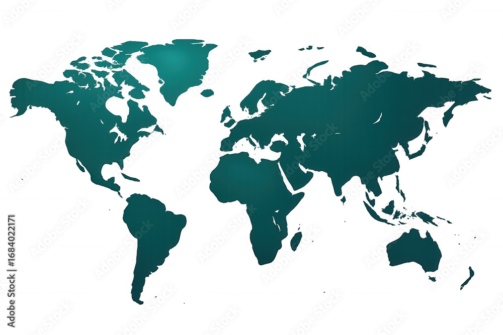 Obraz premium Transparent world map in teal, highlighting global landmasses with geographic details for informational visualization