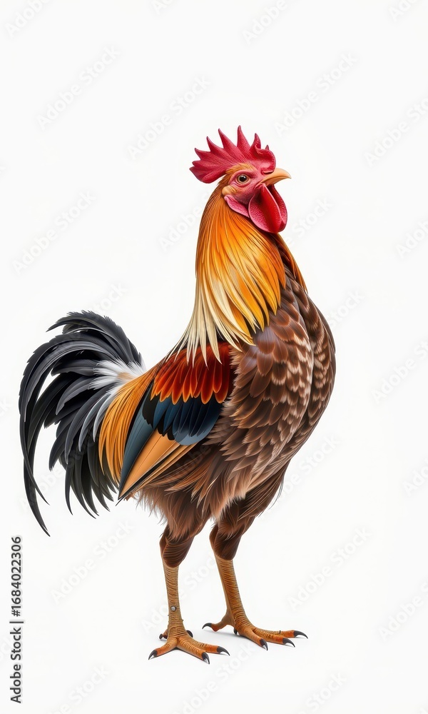 Fototapeta premium A lone bantam rooster crows, isolated on a pure white background. Its plumage is detailed, showcasing vibrant colors, vibrant, alone, cock
