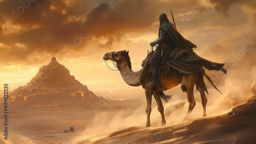 Warrior on a camel in the desert with sword created with Generative AI