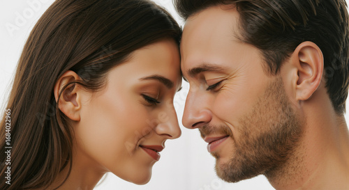 A Tender Moment Shared Between a Young Couple Their Foreheads Touching Their Eyes Closed in Serene Bliss