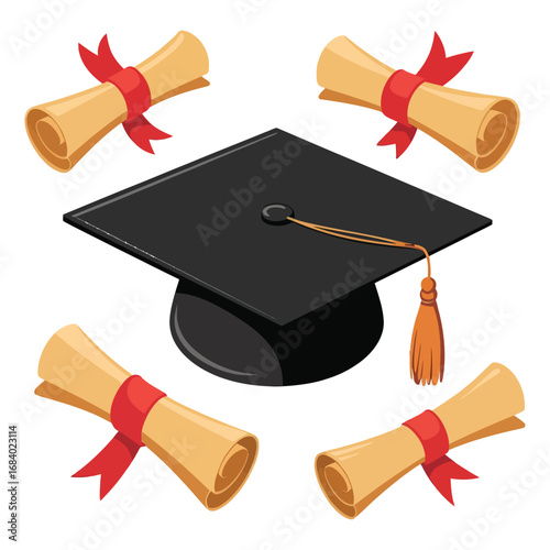 A graduation hat with flying diplomas, isolated on white background.