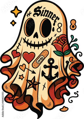 Colorful Tattoo Style Ghost with Heart and Anchor Symbols - Day of the Dead Inspired Art