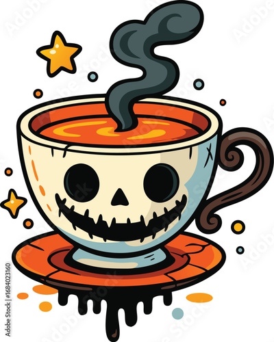 Spooky Halloween Cup of Coffee with Skull Face - Funny Creepy Beverage Vector Art