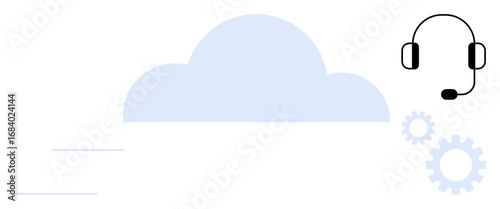 Cloud icon, customer support headset, and gears emphasizing digital services, tech integration, efficiency. Ideal for cloud computing, remote support, innovation, productivity digitalization IT