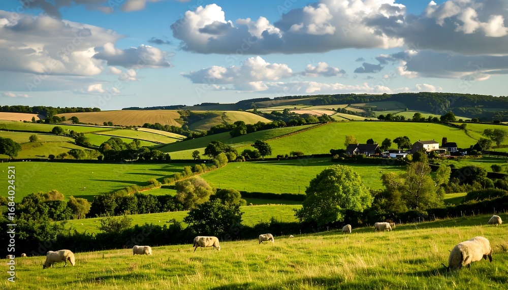 Fototapeta premium Lush, rolling hills and fields under a partly cloudy sky