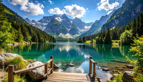 Tranquil alpine lake nestled amongst majestic mountains, showcasing a serene and vibrant natural landscape.