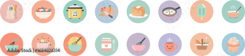 16 culinary icons in pastel colors on round badges