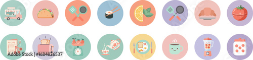 Set of 16 round flat food icons in pastel colors