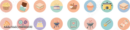16 circular flat food and celebration icons on pastel gradient background