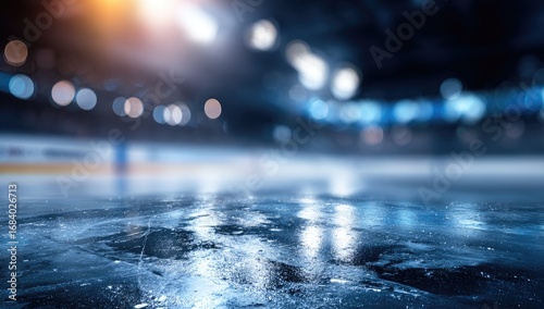 A captivating view of a dark, icy rink floor, reflecting the soft glow of stadium lights.