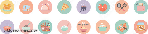 16 food-themed icons in round badges with pastel colors