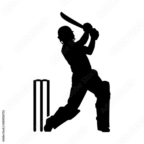 Cricket player batting silhouette with wicket