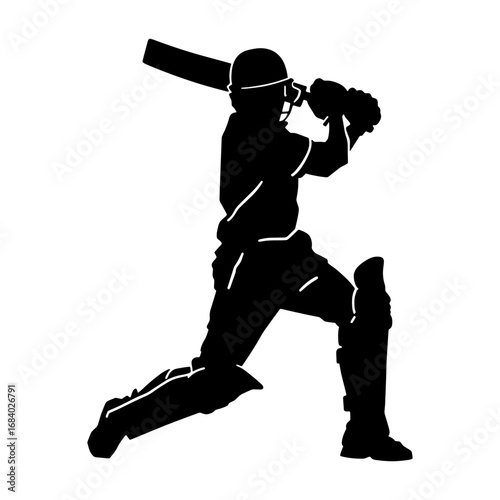 Cricket player batting action silhouette