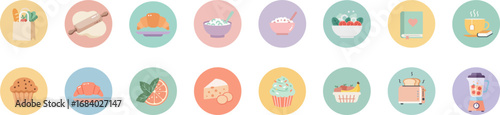 Set of 16 circular pastel icons with culinary and cozy themes