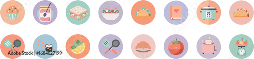 16 round pastel food icons on light background