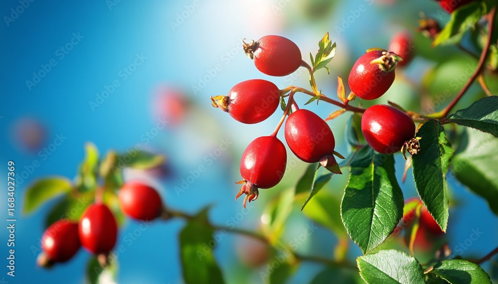 Fototapeta premium The image shows several ripe rose hips growing on a branch with green leaves, set against a clear blue sky.
