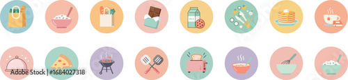 16 food icons in round badges with pastel colors