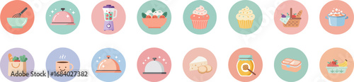 Set of 16 round pastel culinary icons on pastel background