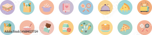 Set of 16 flat pastel food and cooking icons in circular badges