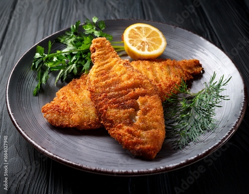 crispy fried breaded tilapia fillets garnished with herbs and lemon