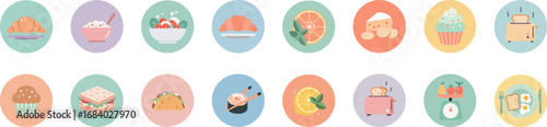 Set of 12 circular food icons in pastel colors on light background