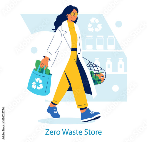 Woman Shopping at Zero Waste Store Vector Illustration