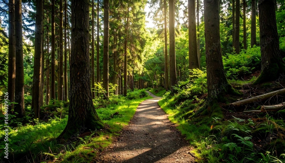 Obraz premium Sunlight path through a dense forest