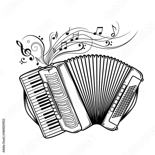 Accordion with musical notes in artistic black and white design  