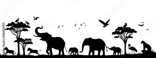 Silhouette of animals in the savannah. African landscape scene. Vector horizontal seamless tropical background with elephants, zebras, lion and birds. Black isolated silhouette