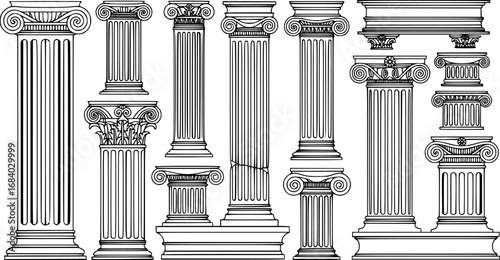 Line Greek pillars and Roman columns, ancient architecture and antique buildings, vector icons. Greece or Rome architecture column pillars of marble stone in line art with pilasters and ornate cornice