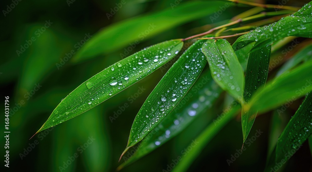 Obraz premium Close-up of bamboo leaves glistening with raindrops