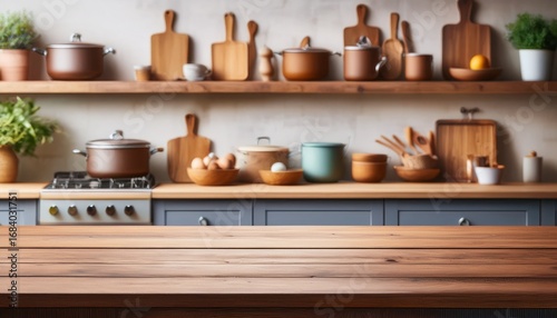 wooden kitchen table in foreground with rustic shelves and blurred cooking utensils in background creating a warm ambiance for product display