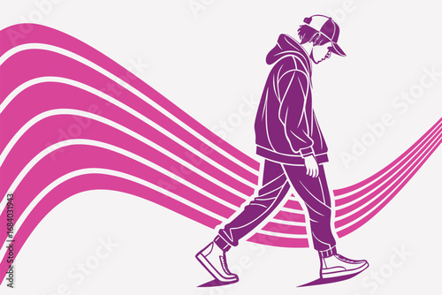 Vector art of a fashionable man with a wave background, showcasing urban style and modern trends in a dynamic composition