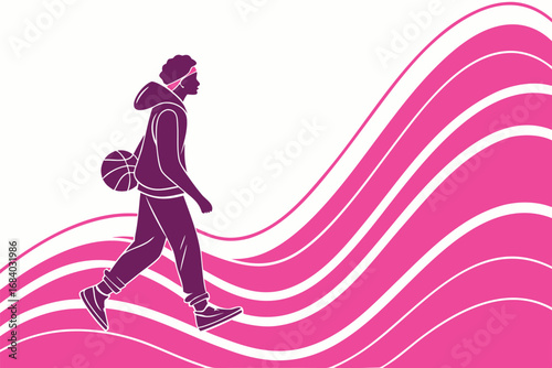 Vector art of a basketball player in motion with a ball, showcasing athleticism and skill against a backdrop of dynamic pink waves