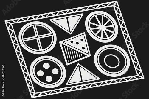 Vector art of geometric pattern with circles, triangles, and squares arranged within a decorative frame, creating a visually appealing and balanced composition