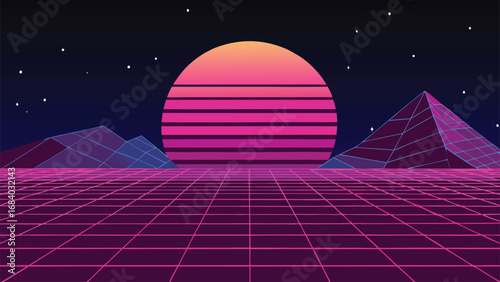 Vector art of a retro synthwave landscape with a sunset, grid, mountains, and stars, evoking a futuristic and nostalgic feeling of the 80s and 90s era