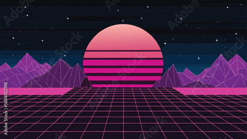 Vector art of retro futuristic landscape with a glowing sun and mountains, evoking a sense of nostalgia and technological advancement, perfect for a wallpaper or background