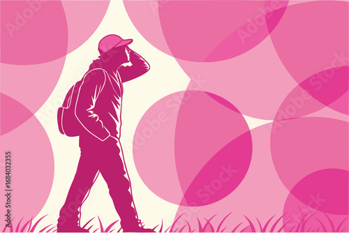 Vector art of silhouette of a pink hiker with a backpack looking into the distance against a pink and with overlapping circles