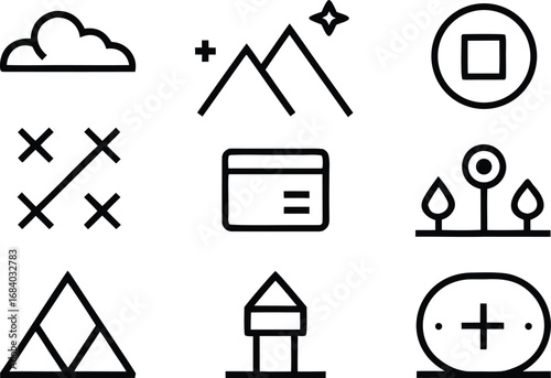 Vector art of collection of minimalist black and white icons featuring cloud, mountain, square, tictactoe, card, tree, pyramid, tower, and plus