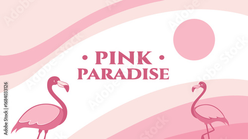 Vector art of pink paradise a serene scene of flamingos under a pastel sun, , evoking a sense of tropical tranquility and peacefulness