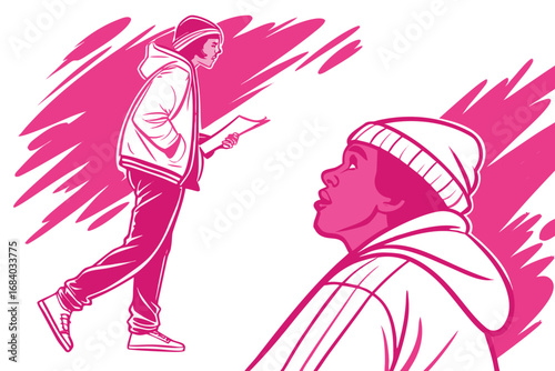 Illustration of a young man in a hoodie and beanie, walking and holding a paper, the background is a pink brush stroke