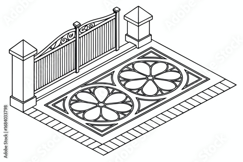 Vector art of isometric illustration of a gate and patterned pavement, , showcasing architectural design and geometric patterns in a clean style