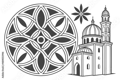Vector art of islamic architecture and geometric pattern, featuring a mosque with a dome and tower, alongside a decorative floral mandala design