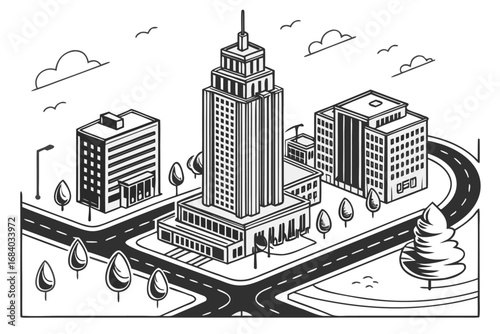Vector art of isometric city illustration depicting buildings, streets, and trees in a detailed urban landscape with a modern architectural style
